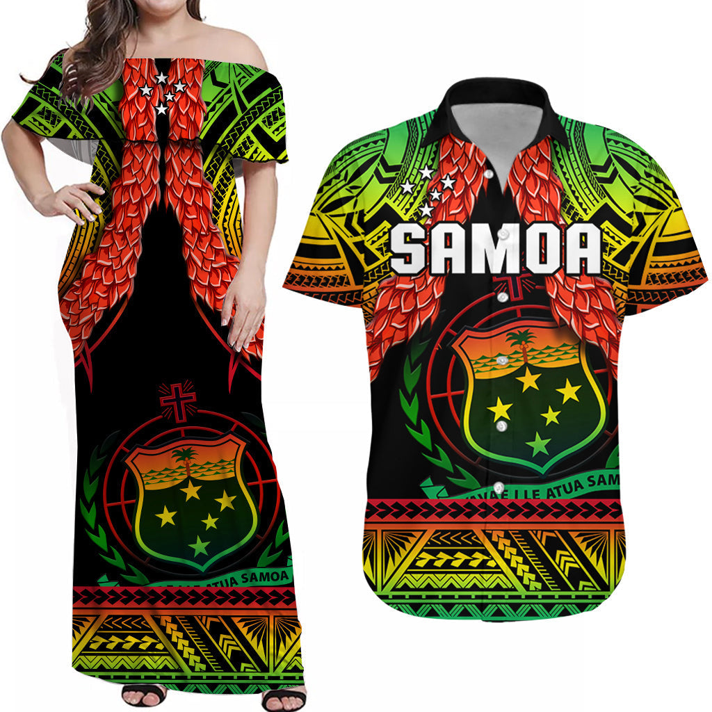 (Custom Text And Number) Matching Outfits For Couples Samoa Rugby Combo Dress And Hawaiian Shirt Teuila Torch Ginger Gradient Style