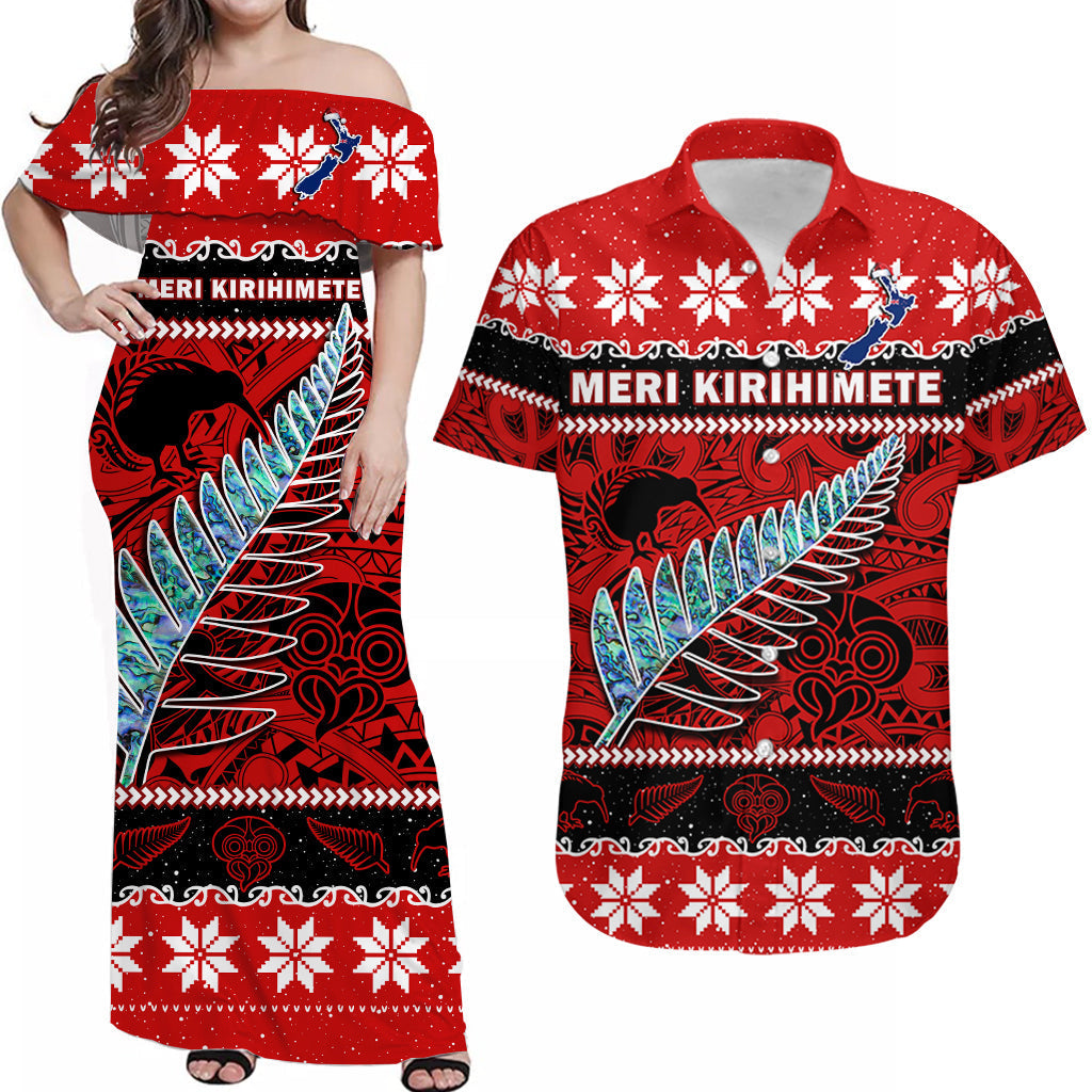 Matching Outfits For Couples New Zealand Christmas Combo Dress And Hawaiian Shirt Paua Shell Silver Fern Meri Kirihimete