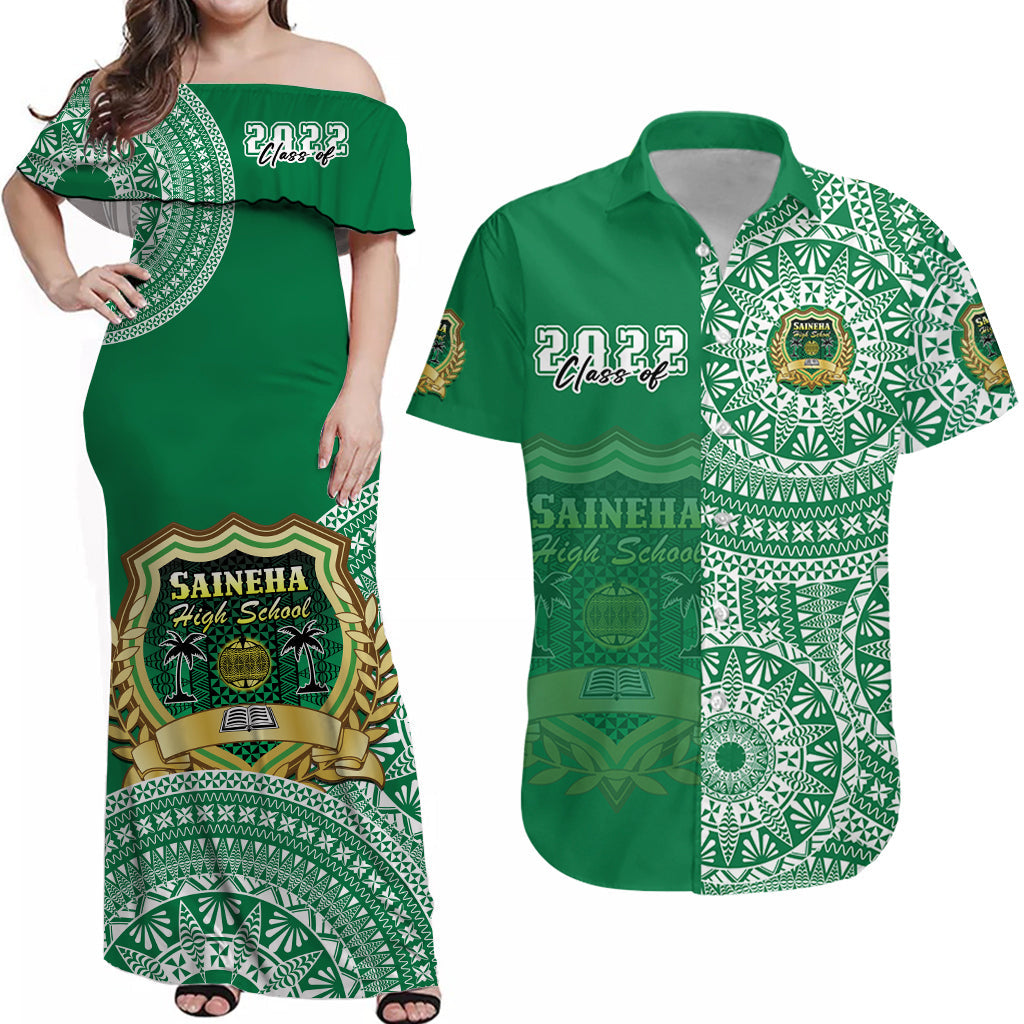 (Custom Text And Number) Matching Outfits For Couples Tonga Saineha High School Combo Dress And Hawaiian Shirt Class Of Year Tongan Ngatu Pattern