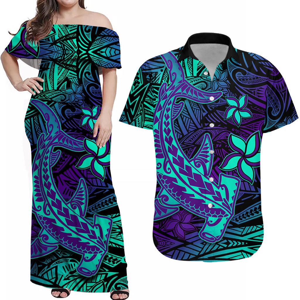 (Custom Personalised) Polynesian Couple Outfits Dress And Hawaiian Shirt Purple Paradise Hawaiian Tribal Hammerhead Shark