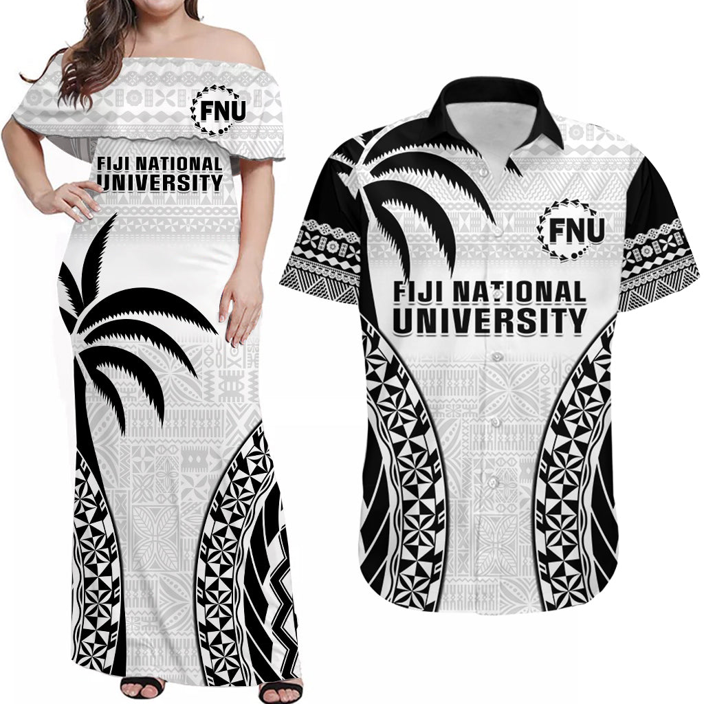 (Custom Personalised) Fiji University Matching Outfit For Couple Combo Dress And Hawaiian Shirt National Fijian Tapa Pattern White