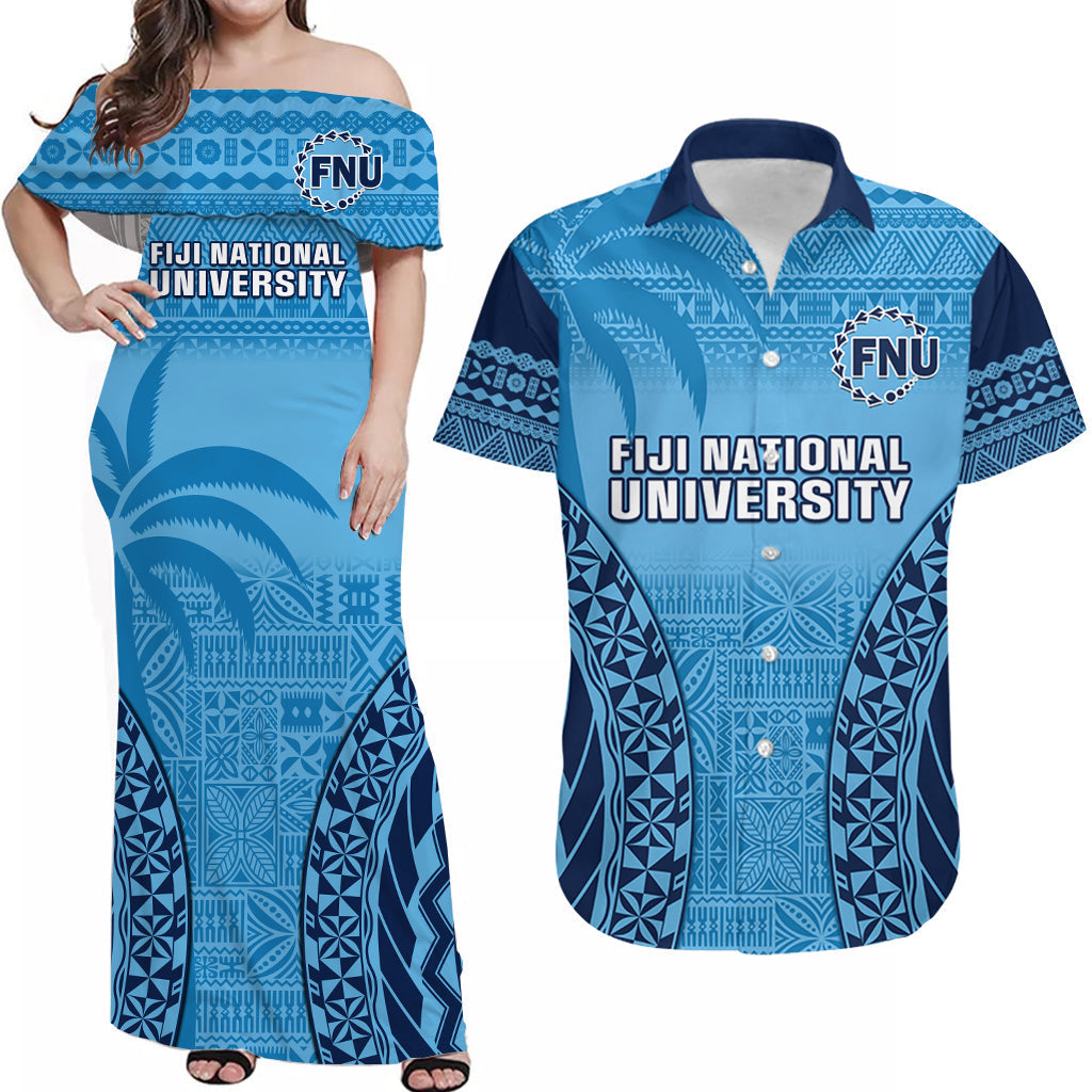 (Custom Personalised) Fiji University Matching Outfit For Couple Combo Dress And Hawaiian Shirt National Fijian Tapa Pattern Blue