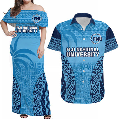(Custom Personalised) Fiji University Matching Outfit For Couple Combo Dress And Hawaiian Shirt National Fijian Tapa Pattern Blue