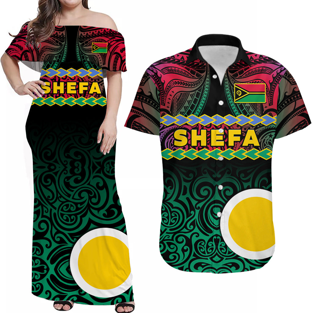 Matching Outfits For Couples Shefa Province Combo Dress And Hawaiian Shirt Vanuatu Pig Tusk Polynesian Flag Style