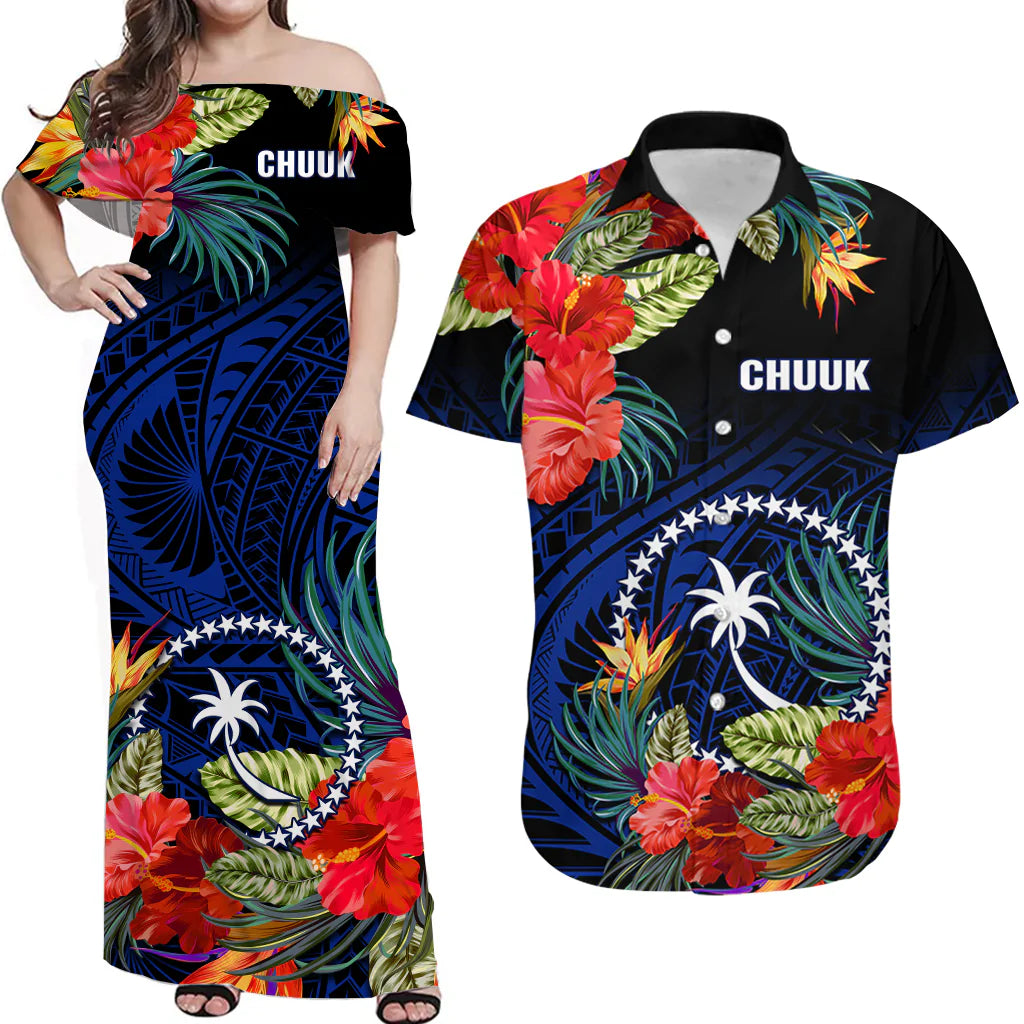 Matching Outfits For Couples Chuuk State Combo Dress And Hawaiian Shirt FSM Hibiscus Flowers Mix Polynesian