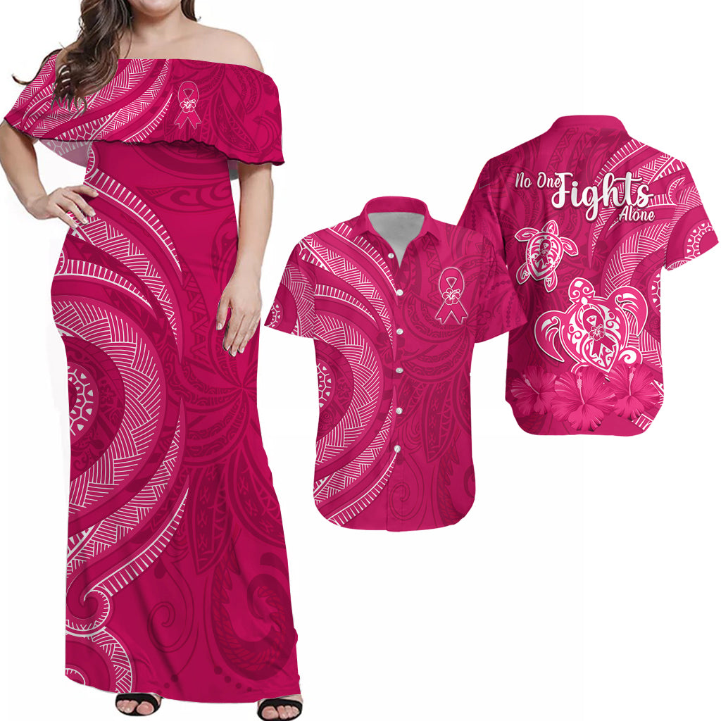 Matching Outfits For Couples Breast Cancer Awareness Combo Dress and Hawaiian Shirt Hibiscus Polynesian No One Fights Alone