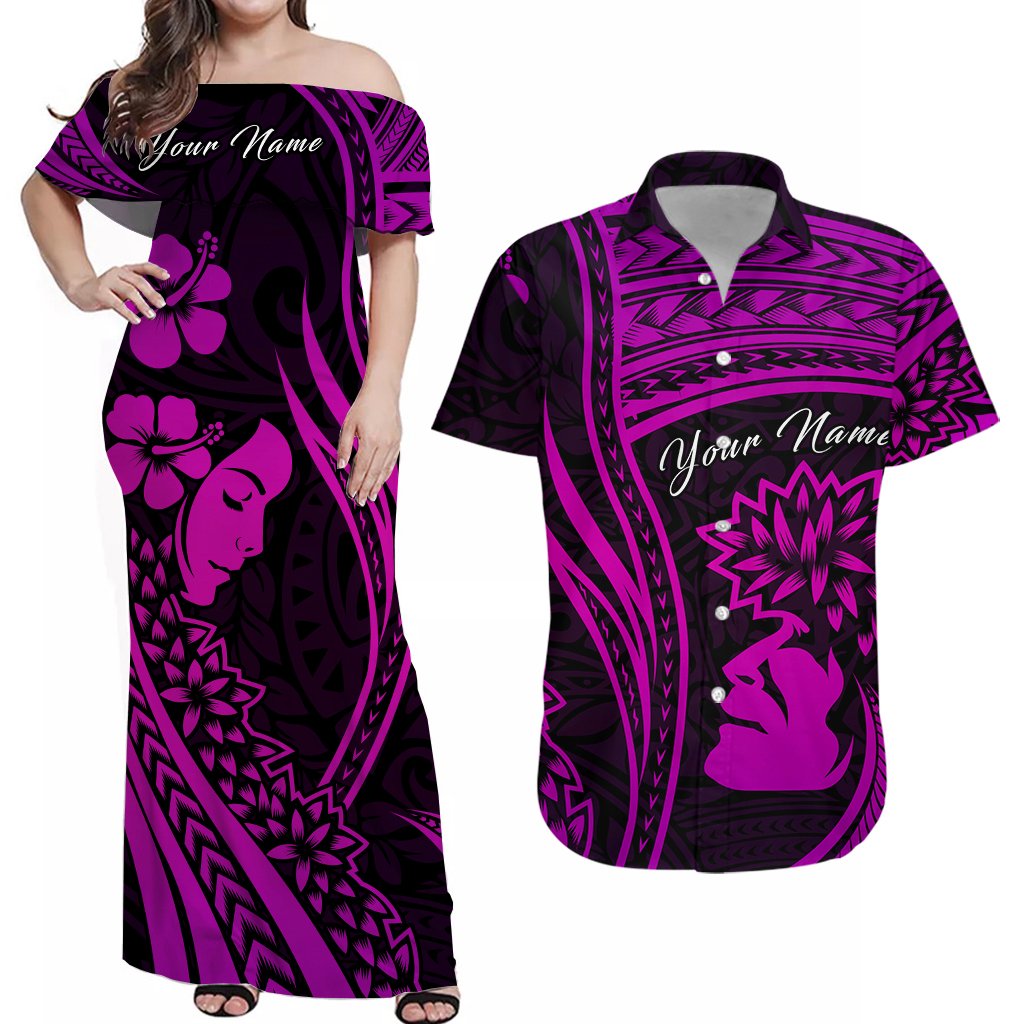 (Custom Personalised) Outfit For Couple Polynesian Valentine Couple Combo Dress and Hawaiian Shirt I LOVE YOU Hibiscus Style Purple