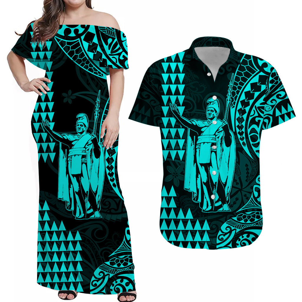 (Custom Personalised) Hawaii Day Kakau Matching Outfits For Couples Dress and Shirt Proud To Be Hawaiian Turquoise King Kamehameha and Kanaka