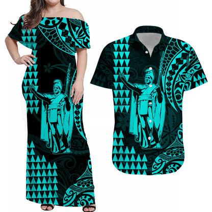 (Custom Personalised) Hawaii Day Kakau Matching Outfits For Couples Dress and Shirt Proud To Be Hawaiian Turquoise King Kamehameha and Kanaka