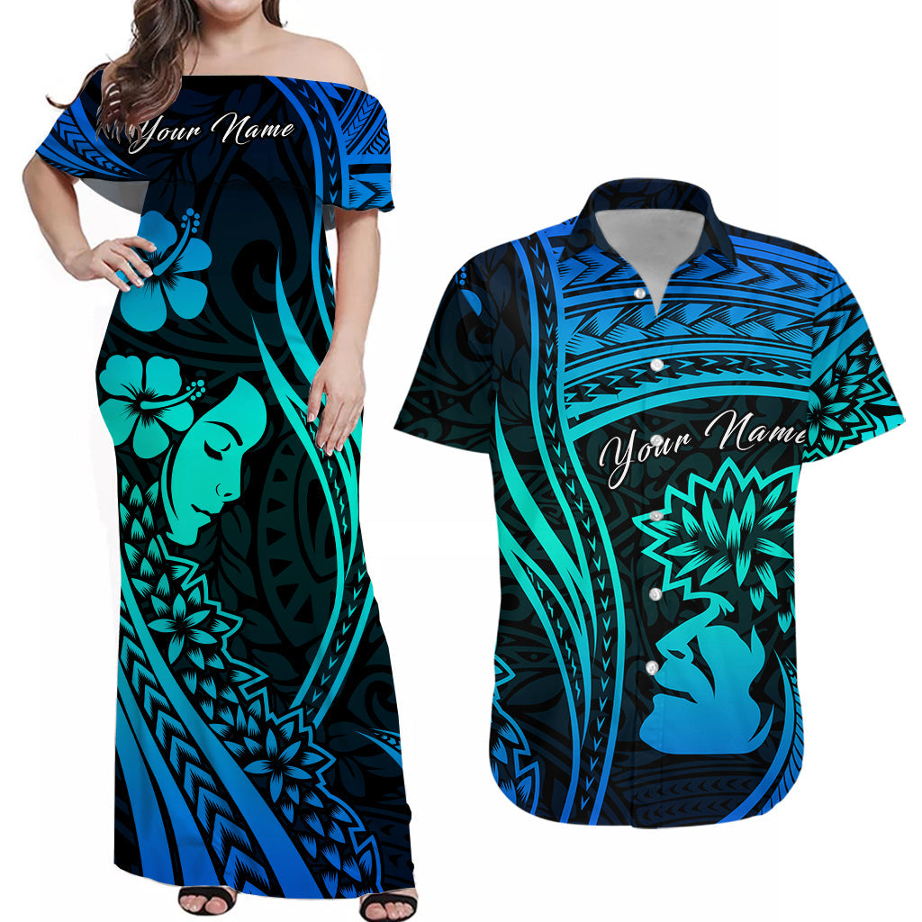 (Custom Personalised) Outfit For Couple Polynesian Valentine Couple Combo Dress and Hawaiian Shirt I LOVE YOU Hibiscus Style Blue