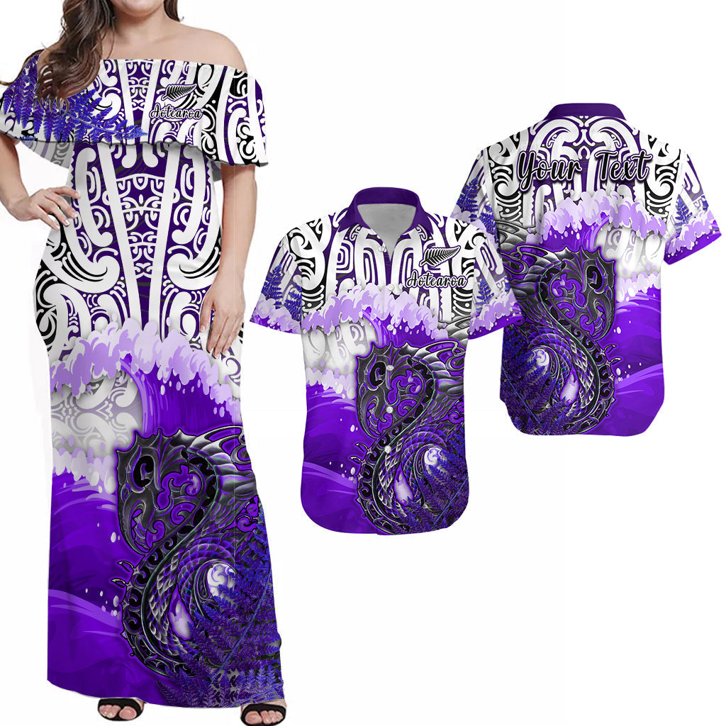 (Custom Personalised) Matching Outfits For Couples Manaia Maori Combo Dress and Hawaiian Shirt Fern Aotearoa Purple Waves