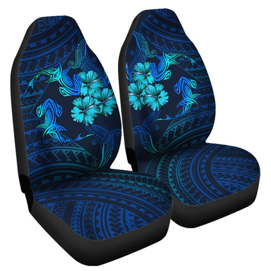 Hawaii Couple Shark Hibiscus Polynesian Car Seat Covers Blue Mina Style AH