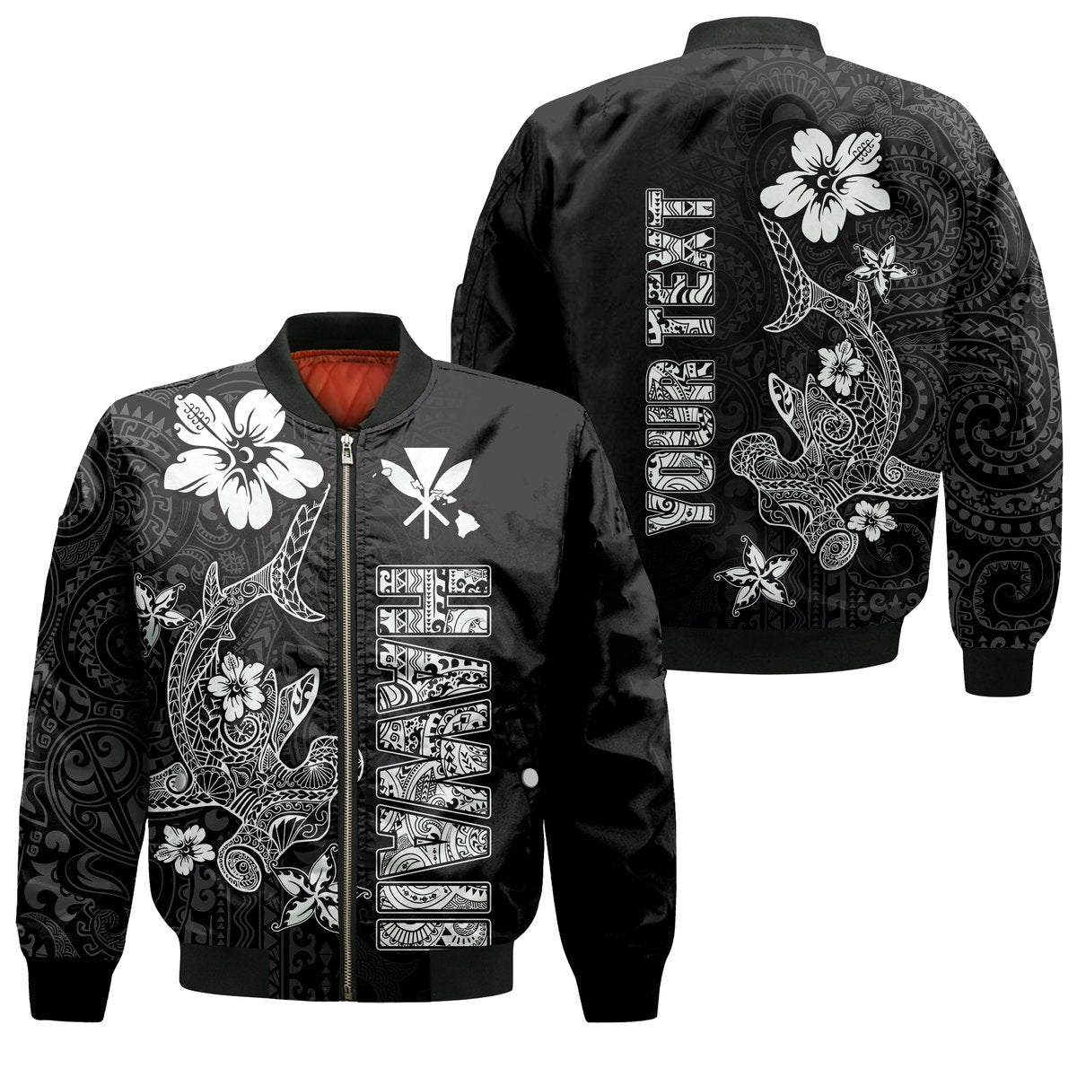 (Custom Personalised) Hawaii Hammerhead Shark Hibiscus Hawaii Pattern Bomber Jacket