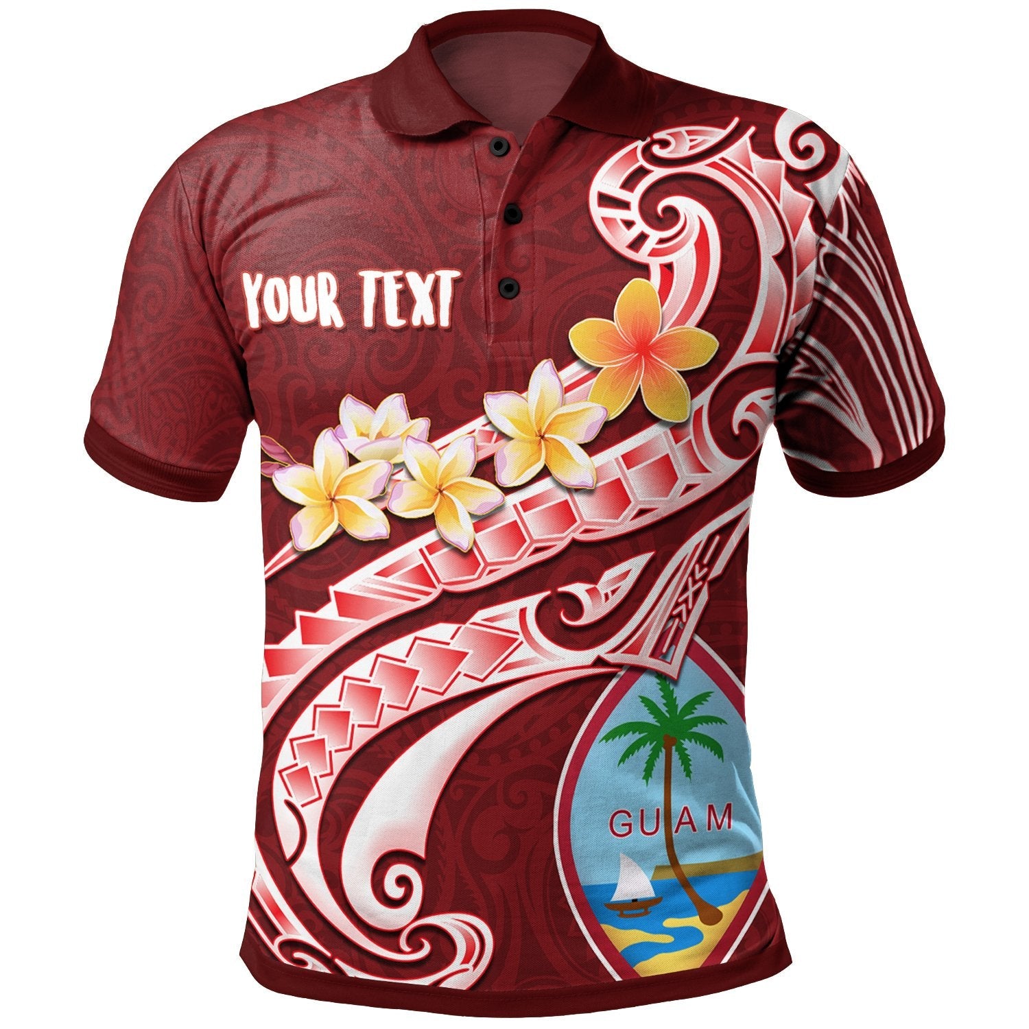 Guam Personalised Polynesian Hawaii Polo - Guam Seal Polynesian Patterns Plumeria Red