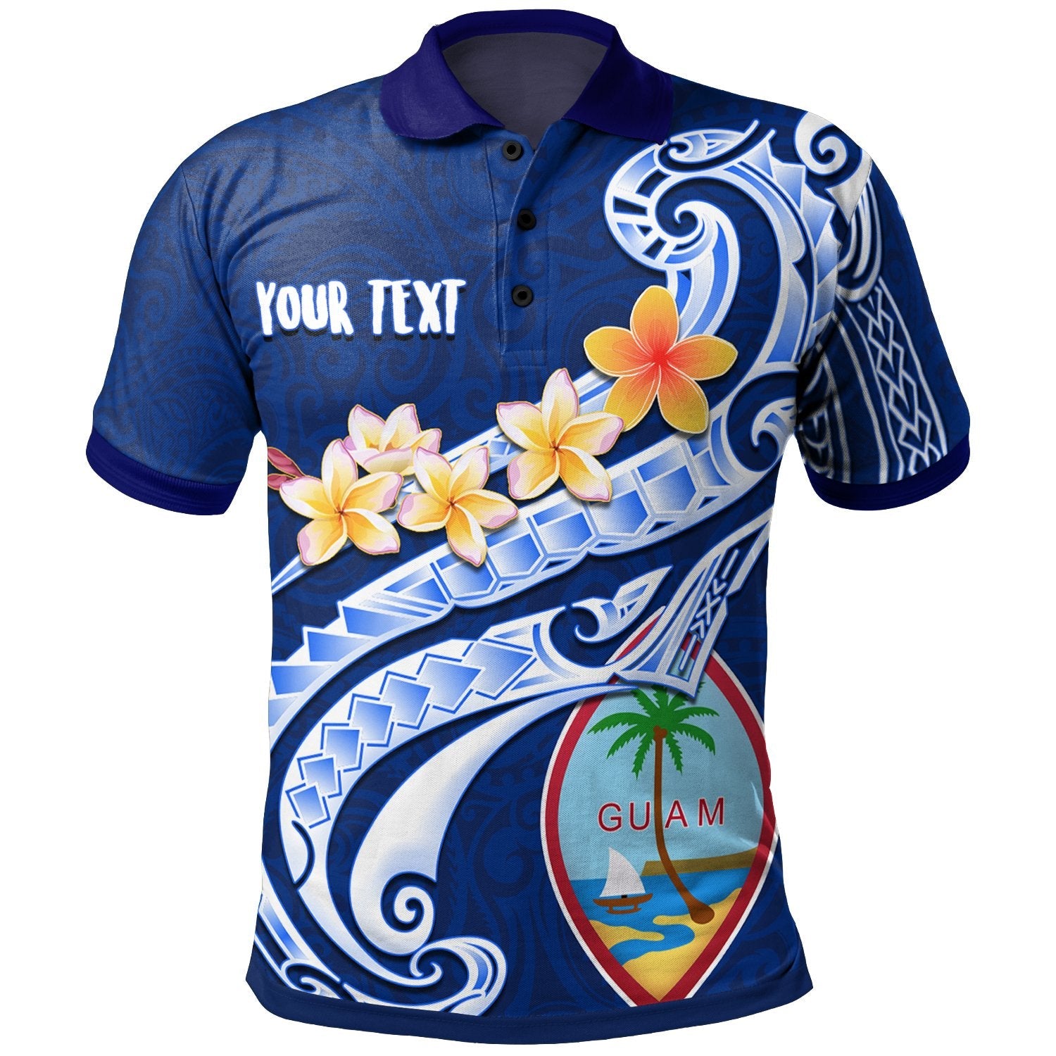 Guam Personalised Polo - Guam Seal Polynesian Patterns Plumeria Blue