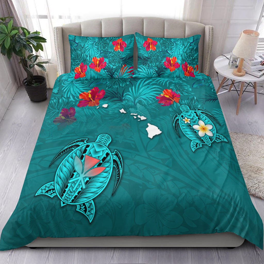 Hawaiian Islands Bedding Set Hawaii Tropical Flowers and Turtles Turquoise