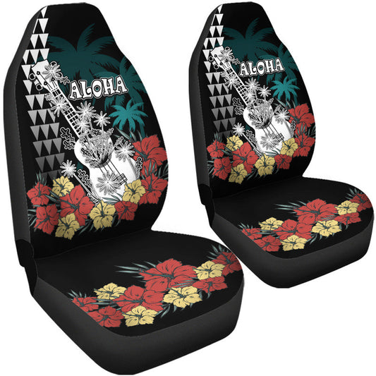 Hawaii Ukulele Mix Hibiscus and Coconut Tree Car Seat Cover Aloha Vintage Black Version