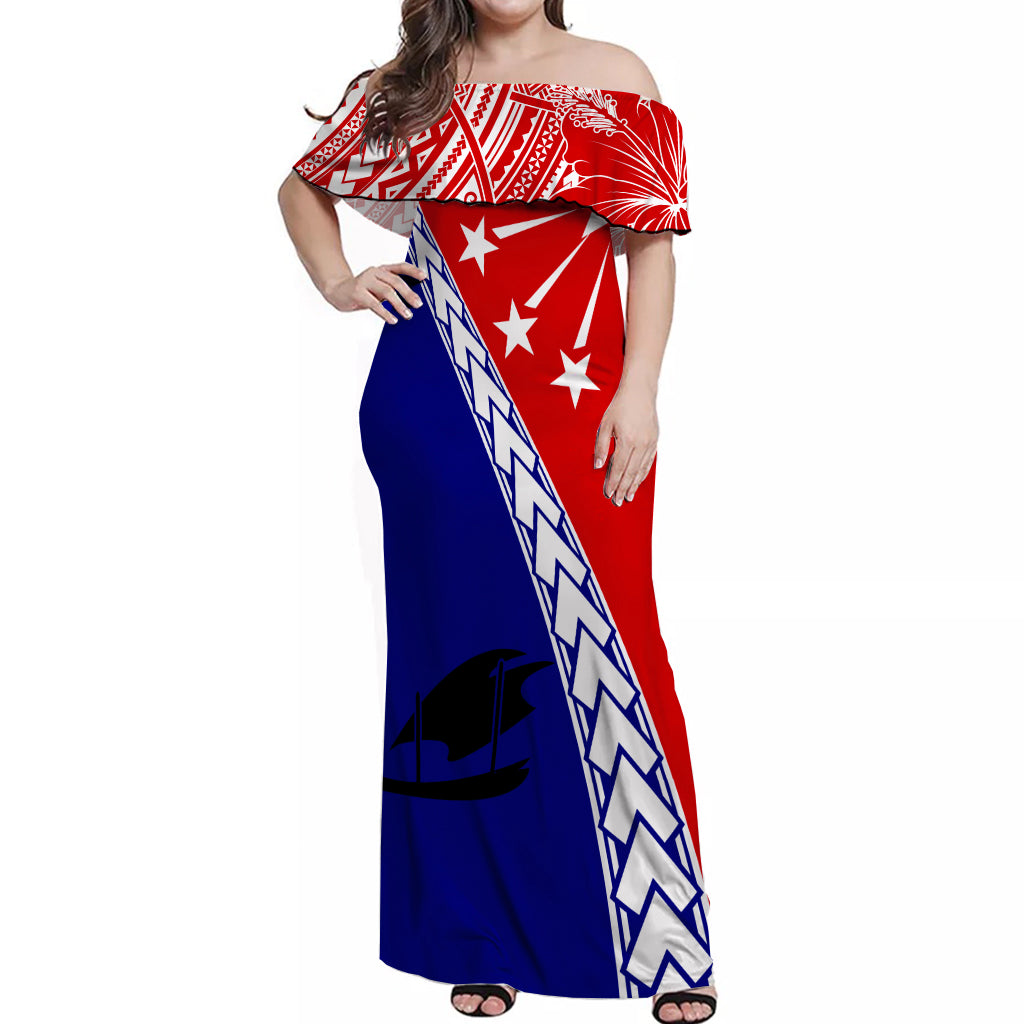 PNG Hibiscus Tribal Pattern Off Shoulder Long Dress Central Province