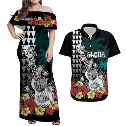 (Custom Personalised) Hawaii Couple Outfits Hawaii Ukulele Mix Hibiscus and Coconut Tree Dress and Hawaiian Shirt Aloha Vintage Black Version
