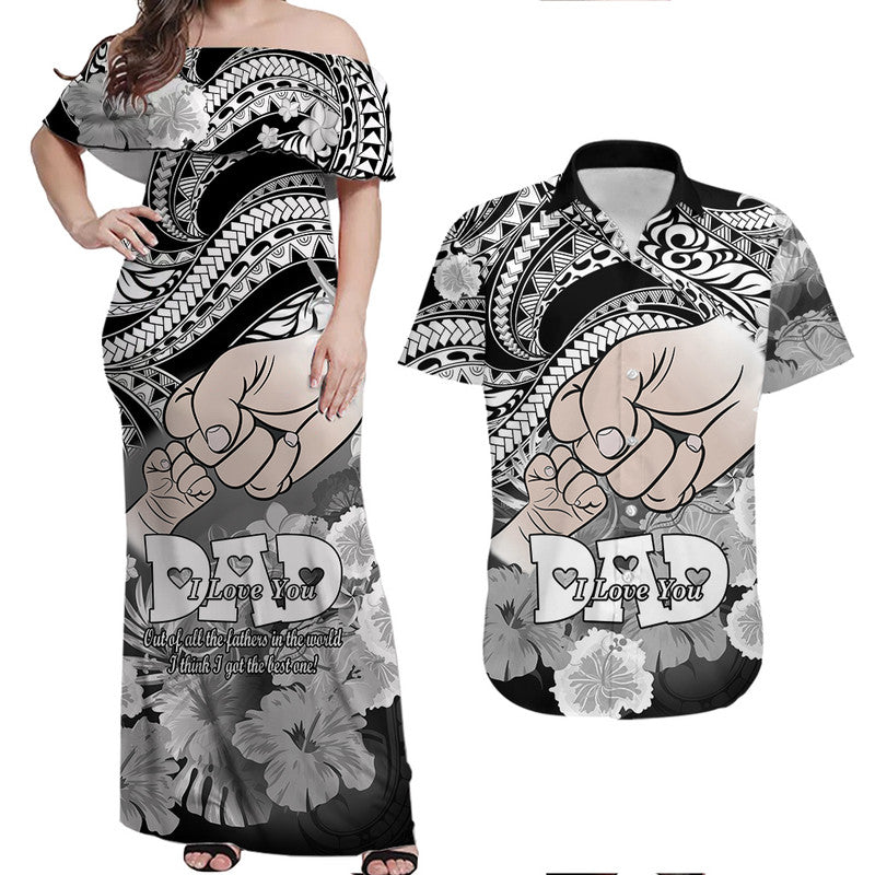 Matching Couple Outfit Polyneisian Pride Happy Father Day Combo Off Long Dress and Hawaiian Shirt I Love You Dad Polynesian Tribal Black