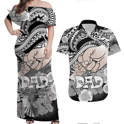 Matching Couple Outfit Polyneisian Pride Happy Father Day Combo Off Long Dress and Hawaiian Shirt I Love You Dad Polynesian Tribal Black