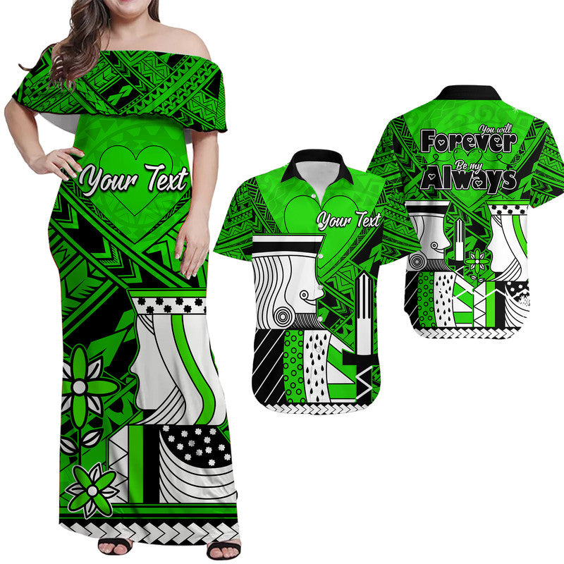 (Custom Personalised) Outfit For Couple Polynesian Vanlentine Combo Dress and Shirt Queen and King Heart Green Version