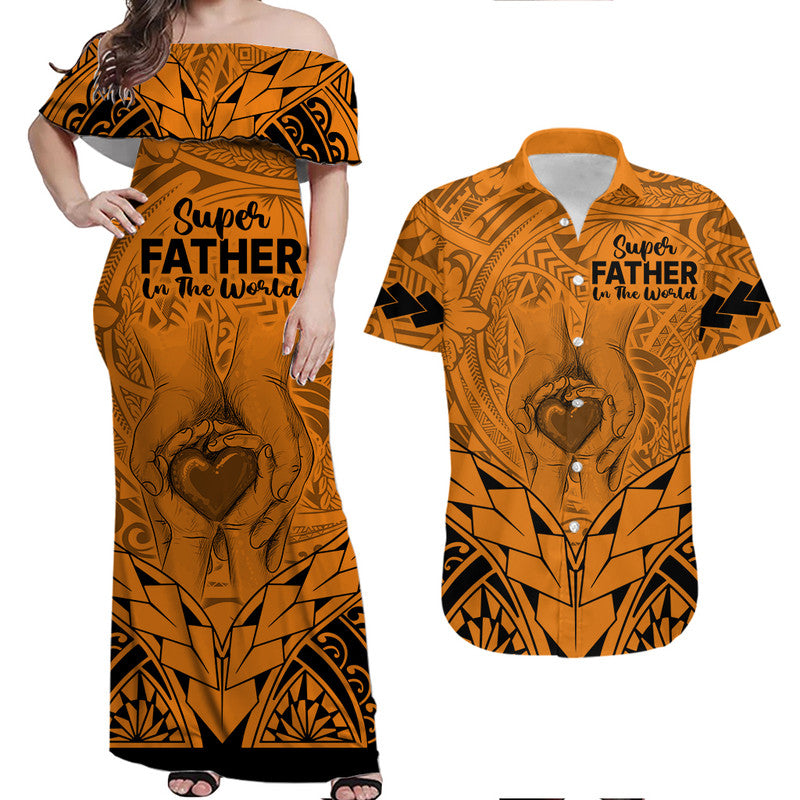 Matching Couple Outfit Polynesian Father's Day Gift For Dad Combo Off Long Dress and Hawaiian Shirt Super Father In The World Gold Polynesian