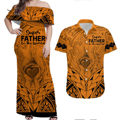 Matching Couple Outfit Polynesian Father's Day Gift For Dad Combo Off Long Dress and Hawaiian Shirt Super Father In The World Gold Polynesian