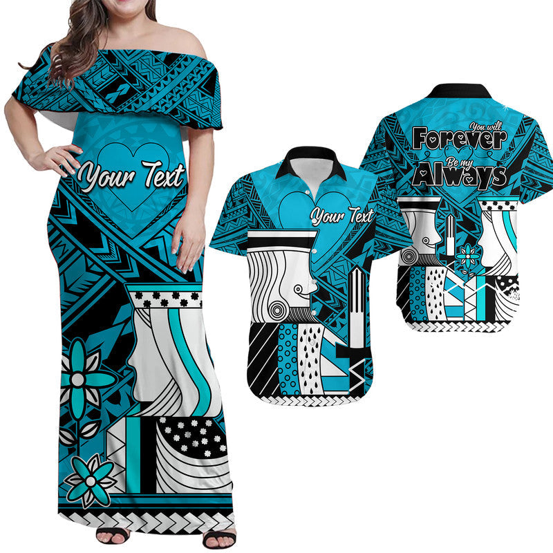 (Custom Personalised) Outfit For Couple Polynesian Vanlentine Combo Dress and Shirt Queen and King Heart Blue Version