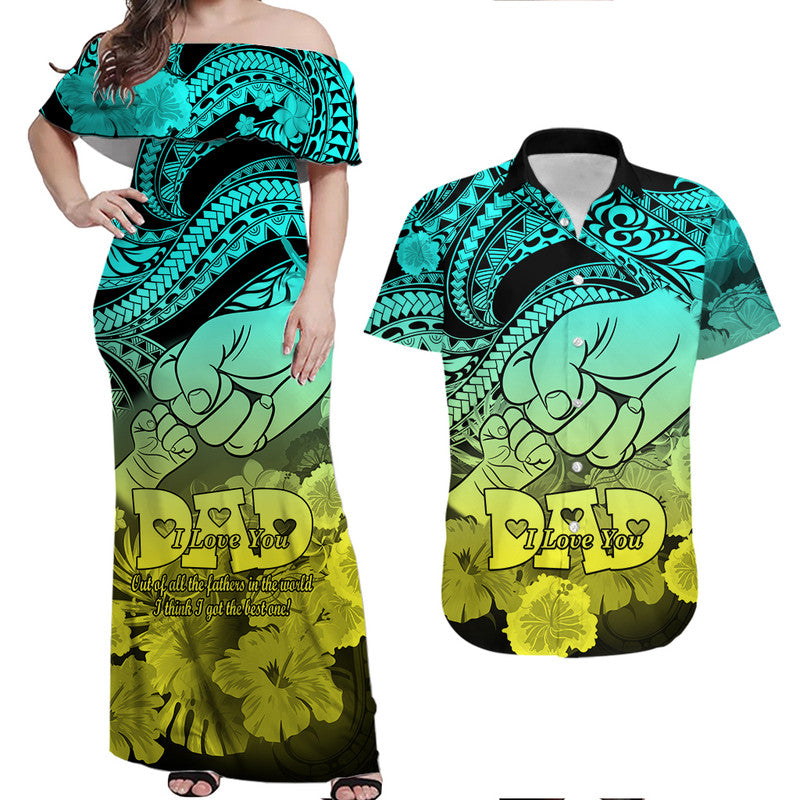 Matching Couple Outfit Polyneisian Pride Happy Father Day Combo Off Long Dress and Hawaiian Shirt I Love You Dad Polynesian Tribal Gradient 1