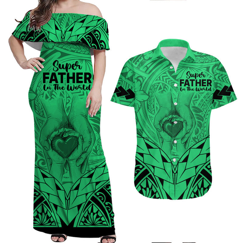 Matching Couple Outfit Polynesian Father's Day Gift For Dad Combo Off Long Dress and Hawaiian Shirt Super Father In The World Green Polynesian