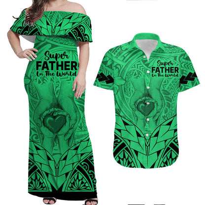 Matching Couple Outfit Polynesian Father's Day Gift For Dad Combo Off Long Dress and Hawaiian Shirt Super Father In The World Green Polynesian