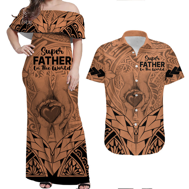 Matching Couple Outfit Polynesian Father's Day Gift For Dad Combo Off Long Dress and Hawaiian Shirt Super Father In The World Nude Polynesian