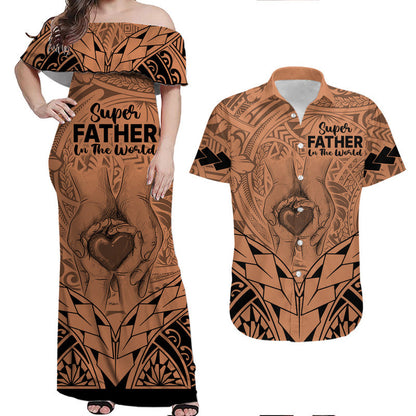 Matching Couple Outfit Polynesian Father's Day Gift For Dad Combo Off Long Dress and Hawaiian Shirt Super Father In The World Nude Polynesian