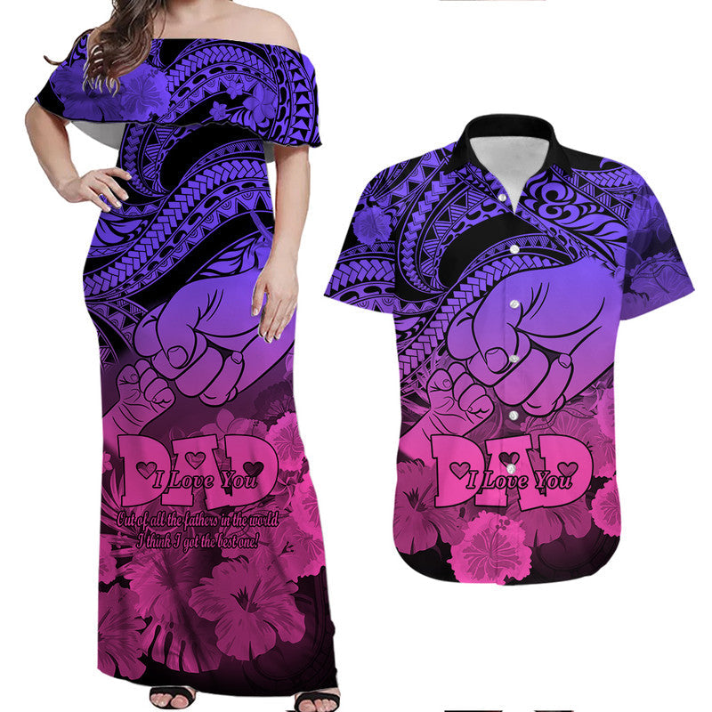 Matching Couple Outfit Polyneisian Pride Happy Father Day Combo Off Long Dress and Hawaiian Shirt I Love You Dad Polynesian Tribal Gradient 2