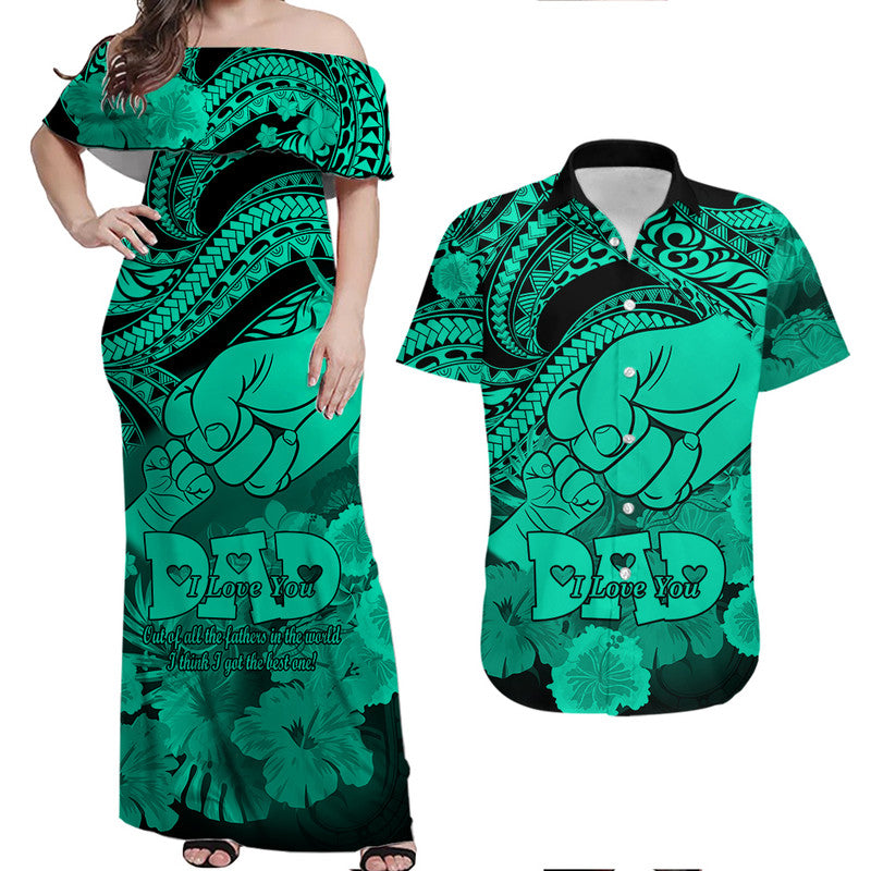 Matching Couple Outfit Polyneisian Pride Happy Father Day Combo Off Long Dress and Hawaiian Shirt I Love You Dad Polynesian Tribal Green