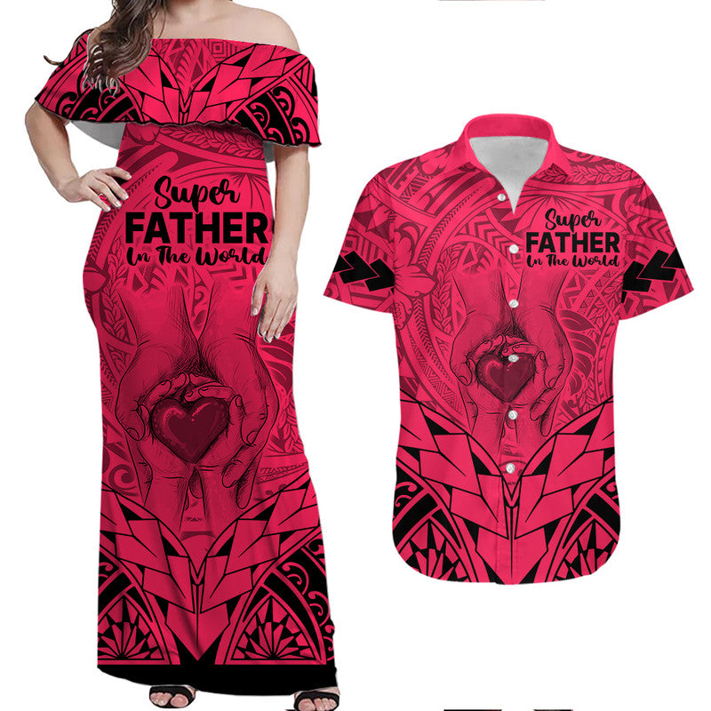 Matching Couple Outfit Polynesian Father's Day Gift For Dad Combo Off Long Dress and Hawaiian Shirt Super Father In The World Pink Polynesian