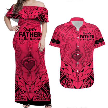 Matching Couple Outfit Polynesian Father's Day Gift For Dad Combo Off Long Dress and Hawaiian Shirt Super Father In The World Pink Polynesian