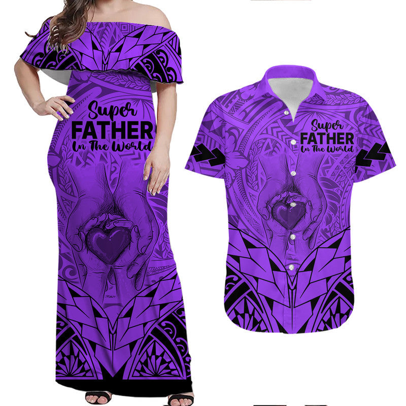Matching Couple Outfit Polynesian Father's Day Gift For Dad Combo Off Long Dress and Hawaiian Shirt Super Father In The World Purple Polynesian