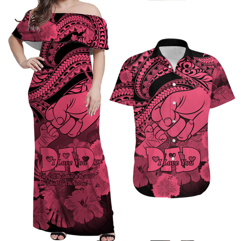 Matching Couple Outfit Polyneisian Pride Happy Father Day Combo Off Long Dress and Hawaiian Shirt I Love You Dad Polynesian Tribal Pink