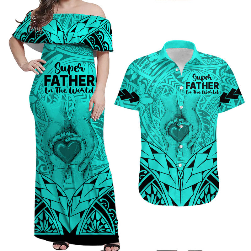 Matching Couple Outfit Polynesian Father's Day Gift For Dad Combo Off Long Dress and Hawaiian Shirt Super Father In The World Turquoise Polynesian