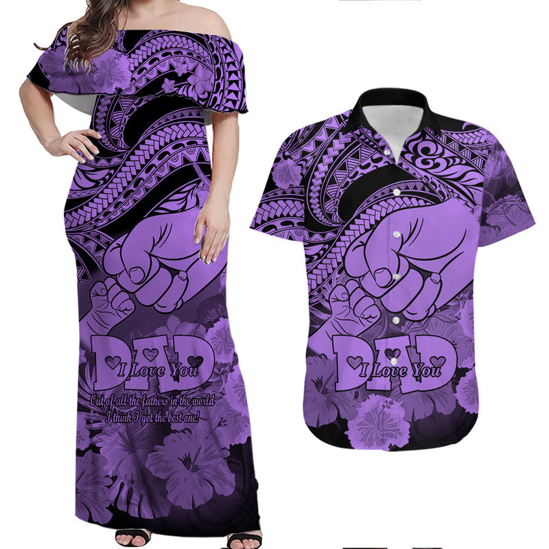 Matching Couple Outfit Polyneisian Pride Happy Father Day Combo Off Long Dress and Hawaiian Shirt I Love You Dad Polynesian Tribal Purple
