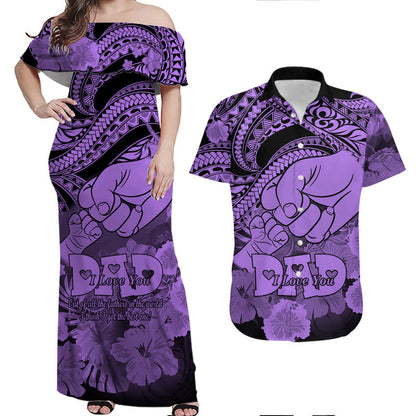 Matching Couple Outfit Polyneisian Pride Happy Father Day Combo Off Long Dress and Hawaiian Shirt I Love You Dad Polynesian Tribal Purple
