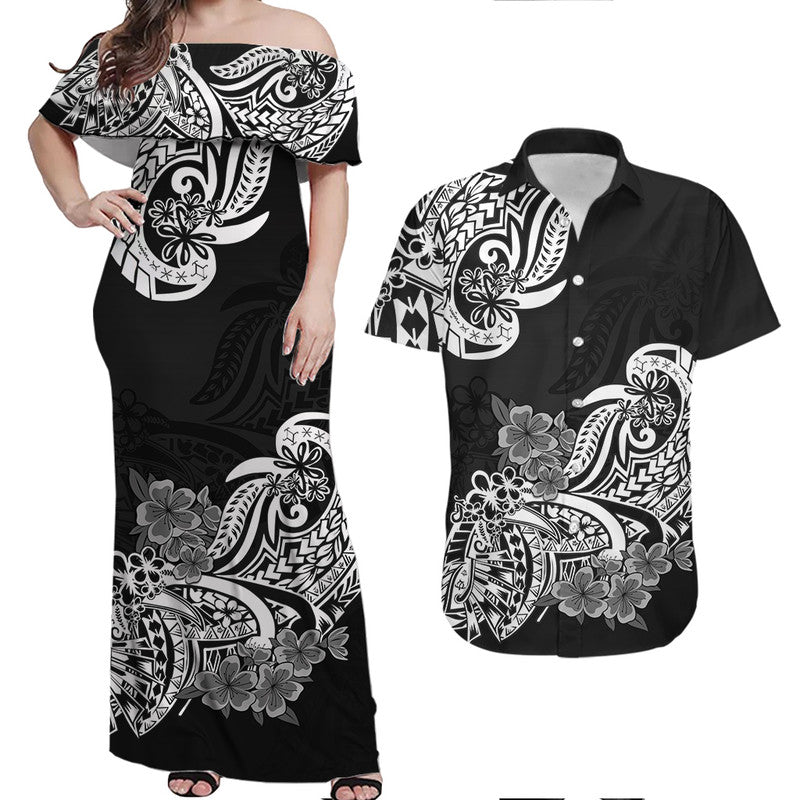 Matching Hawaiian Outfits For Couples Polynesian Floral Tribal Couples Long Dress and Hawaiian Shirt Black