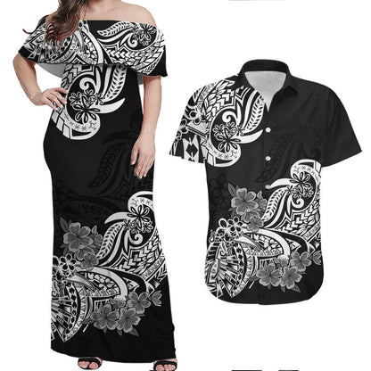 Matching Hawaiian Outfits For Couples Polynesian Floral Tribal Couples Long Dress and Hawaiian Shirt Black