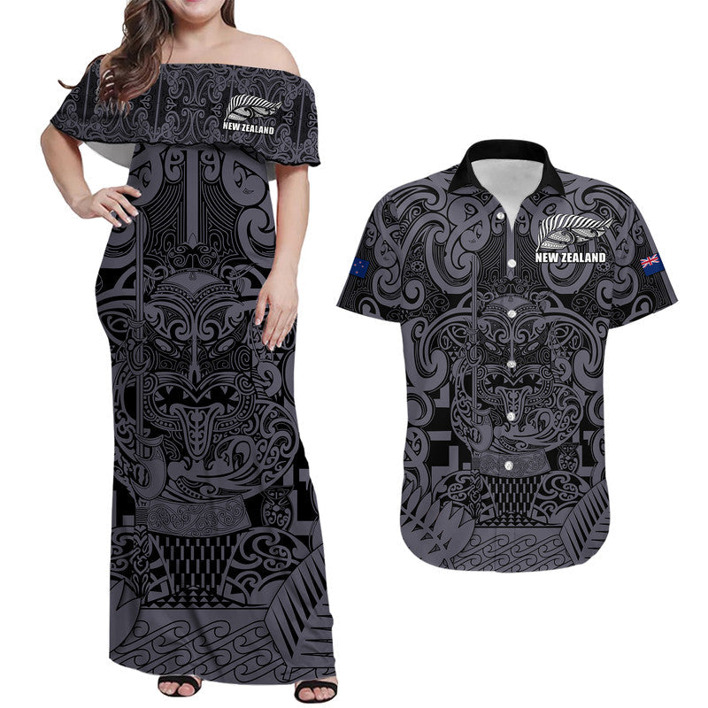 Matching Outfits For Couples New Zealand Taiaha Maori Combo Dress and Hawaiian Shirt Minimalist Silver Fern All Black