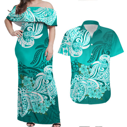 Matching Clothes For Couples Polynesian Floral Tribal Couples Long Dress and Hawaiian Shirt Turquoise