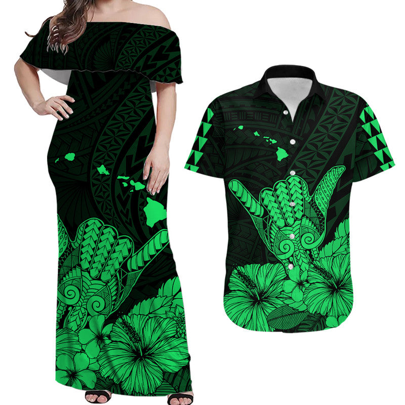 Hawaii Matching Clothes For Couples Hawaii Shaka Sign Couple Long Dress and Hawaiian Shirt Green Version