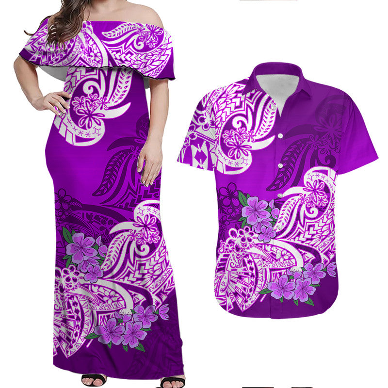 Matching Hawaiian Outfits For Couples Polynesian Floral Tribal Couples Long Dress and Hawaiian Shirt Purple