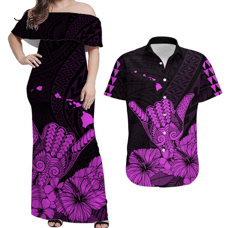 Matching Hawaiian Outfits For Couples Hawaii Shaka Sign Couple Long Dress and Hawaiian Shirt Purple Version